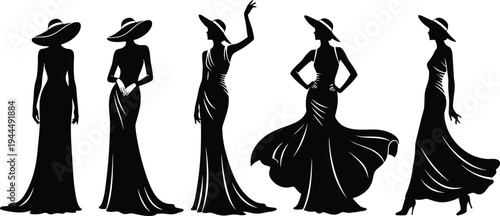 Elegant women silhouette collection, long dress fashion models, wide hat ladies poses, glamorous female figures, stylish evening gown illustration set
