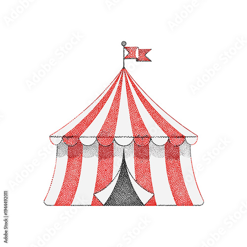 Classic red and white striped circus tent with flags on top, isolated on white background
