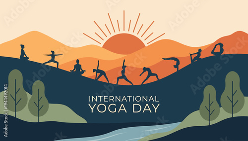 People practicing yoga on a hill during international yoga day