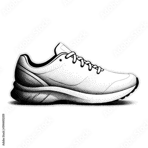 Detailed stippled illustration of a modern athletic running shoe in profile view
