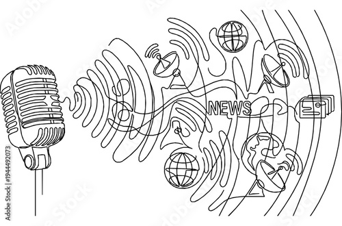 Broadcast Microphone and Sound Waves Line Art Background