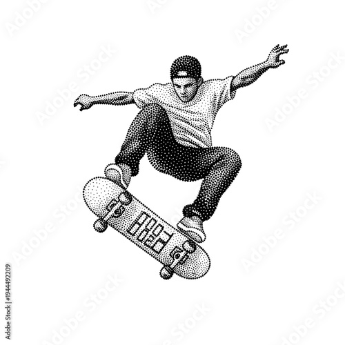 Skateboarder performs aerial trick with dynamic stippled illustration style