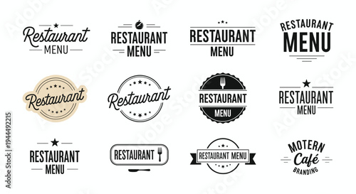 Restaurant menu logos, café branding, culinary typography, food icons, utensils, plates, stars, banners, modern design, dining identity, flat vector illustration
