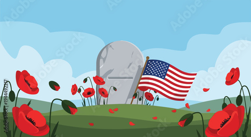 Solemn memorial scene featuring a grey headstone surrounded by vibrant red poppies and the American flag on transparent background