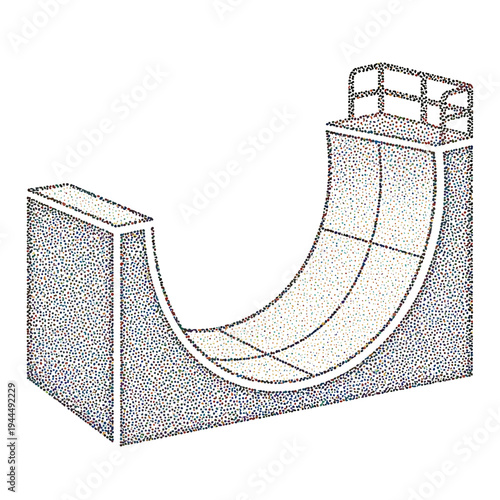 Abstract stippled illustration of a skateboard halfpipe with railings on a white background
