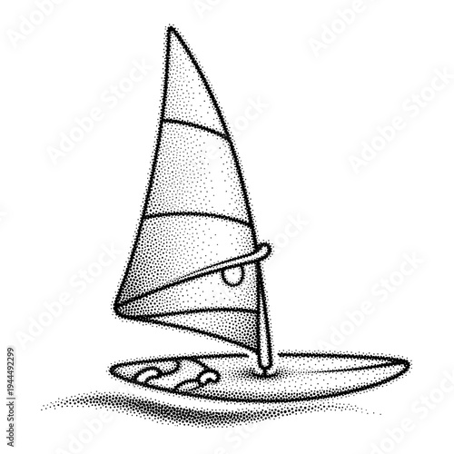 Stylized black and white illustration of a windsurf board and sail on water