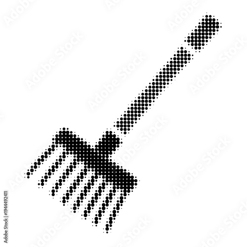 Halftone silhouette of a garden rake on a white background, abstract art style