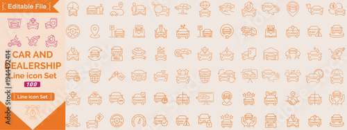 Car Dealer, Dealership, Vehicle and Automobile Industry Line Editable Icon set. Editable stroke. Vector illustration