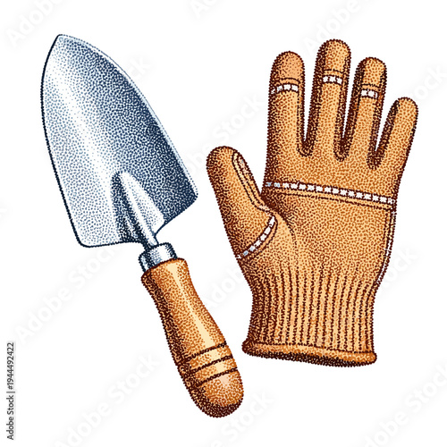 Gardening trowel and glove illustration with stippled texture on a white background