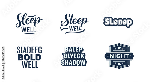 Sleep typography logos, night badge, wellness design, relaxation, bedtime, dream theme, stars, moon, cloud, peaceful rest, branding concept, flat vector illustration
