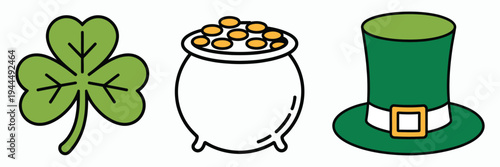 St. Patrick's Day Line Icons with Clover Leaf, Pot of Gold, Leprechaun Hat, Irish Holiday Symbols, Thin Linear Vector Illustration.