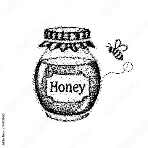 Charming dot art illustration of a honey jar with a bee flying nearby