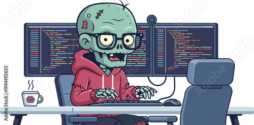 Fotografie Funny zombie programmer coding on computer with multiple monitors, glasses and h