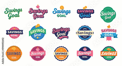 Savings goal badges, finance icons, piggy bank, coins, ribbons, stars, colorful labels, money saving, financial planning, motivation, flat vector illustration
