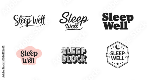 Sleep well logos, typography designs, relaxation, wellness, bedtime, moon stars, cloud shape, peaceful rest, branding concept, flat vector illustration