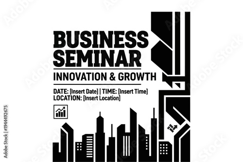 Business Seminar: Innovation and Growth: A visually dynamic invitation for a business seminar, highlighting Innovation & Growth in a modern cityscape, ready for your customization.