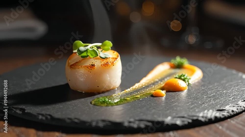 Gourmet scallop dish on black slate plate with artistic presentation