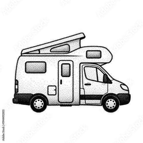 Stylized stipple art illustration of a pop-top campervan with a raised roof section