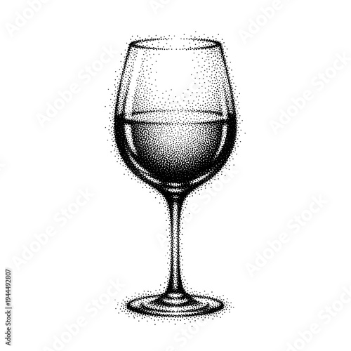 Elegant stippled wine glass filled with clear liquid on a white background