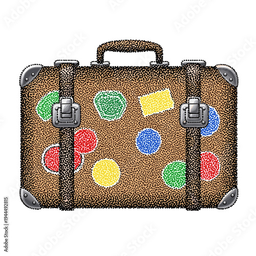 Vintage suitcase adorned with colorful travel stickers, ready for adventure