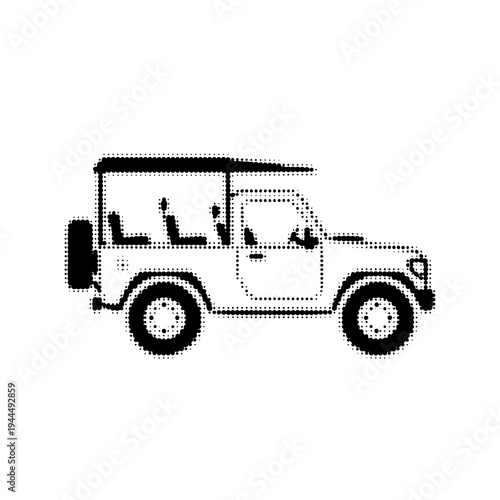Stylized halftone dot art illustration of an open-top off-road vehicle with spare tire