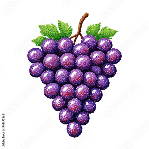 Vibrant bunch of ripe purple grapes with green leaves and a brown stem
