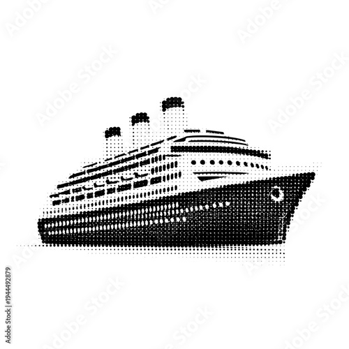 Stylized halftone illustration of a large passenger cruise ship with three funnels