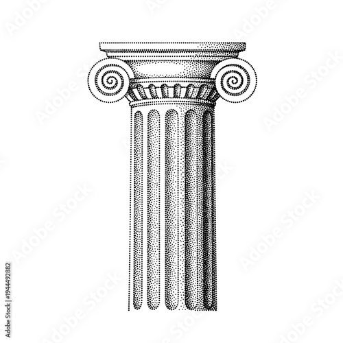 Ionic column capital with volutes and fluted shaft in stippled illustration style