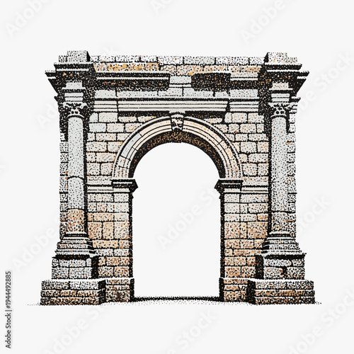 Ancient Roman triumphal arch with detailed stonework and classical columns in a stippled illustration style