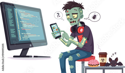 Funny zombie programmer using smartphone while coding on computer, confused developer with bugs, coffee, and quirky tech workspace