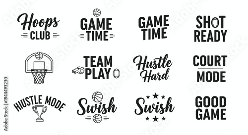 Basketball designs, hoops club, game time, shot ready, team play, hustle hard, swish stars, good game, sports icons, flat vector illustration