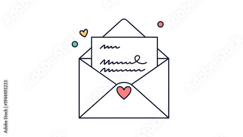 Open envelope with a handwritten letter inside and a small red heart seal on the flap surrounded by floating hearts and colorful dots.