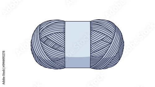 Skein of blue yarn for knitting or crochet projects shown with a wide white paper band around the middle on a clean white background.