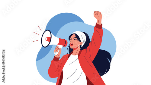 Powerful illustration of a determined woman shouting into a megaphone with her fist raised in a call for activism.