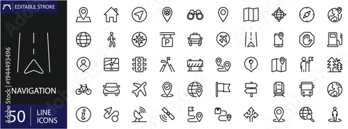 Navigation icons set. Includes symbols of maps, location pins, compass, routes, GPS, and direction indicators. Editable stroke. Vector illustration. Outline icons. Perfect for transportation.