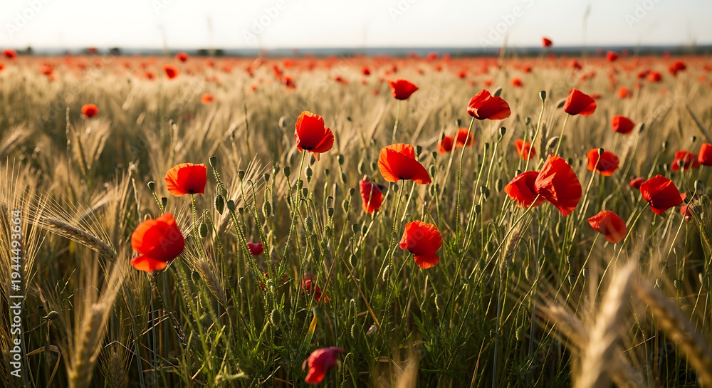 Fototapeta premium Vibrant Red Poppies in Golden Wheat Field