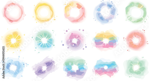 Colorful watercolor circle splash vector collection featuring abstract rainbow ink blobs and paint wash rings for artistic frames wedding invitations and creative background designs.
