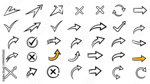 Comprehensive set of hand drawn arrow and checkmark icons in black and orange, perfect for navigation and tech design.