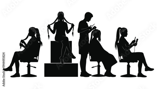 Hair salon vector silhouette illustration with stylist and clients