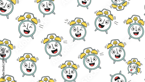 Fun seamless pattern of cute cartoon alarm clock characters with various happy and sleepy expressions on white.