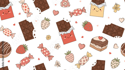Delightful seamless pattern of sweets including happy chocolate bars, candies, cakes, and strawberries with hearts.