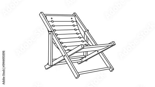Simple black and white line drawing of a classic folding wooden deck chair, suitable for summer and travel designs.