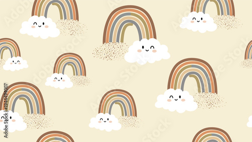 Sweet seamless pattern of boho rainbows over fluffy clouds with happy winking faces on a warm beige background.