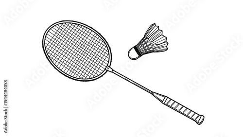 Simple black and white line drawing of a professional badminton racket and a shuttlecock for sports related designs.