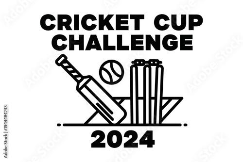 Cricket Challenge: A bold and dynamic logo for a cricket challenge, featuring essential equipment: bat, ball, and wickets, alongside the year 2024.