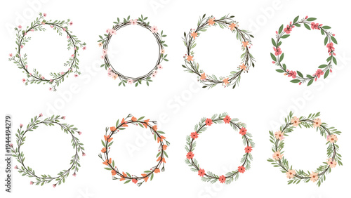Collection of eight various floral wreaths made of delicate branches, green leaves, and colorful spring flowers.