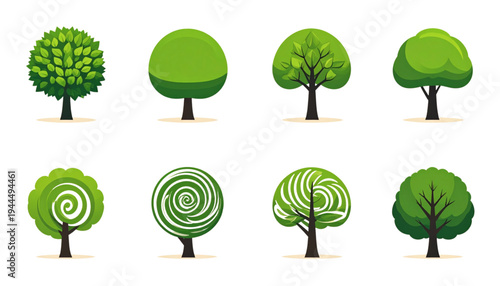 A collection of various types of trees and plants in a simple illustration style isolated on transparent background