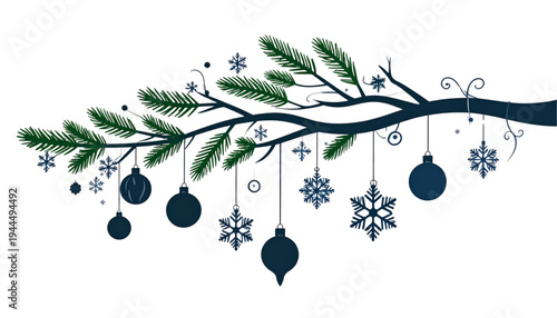A festive tree branch adorned with snowflakes and christmas ornaments isolated on transparent background