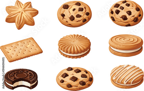 Cookie and Biscuit Dessert Collection with Chocolate Chip Cookies, Sandwich Biscuits, Sweet Bakery Snacks, and Tasty Baked Treats Vector Set