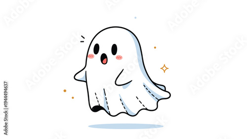 Adorable cartoon ghost character floating in the air with a surprised expression and small pink cheeks surrounded by tiny golden sparkles.